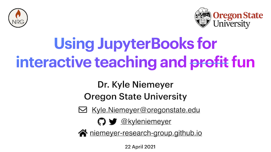 The title slide, which says 'Using JupyterBooks for interactive teaching and fun'.