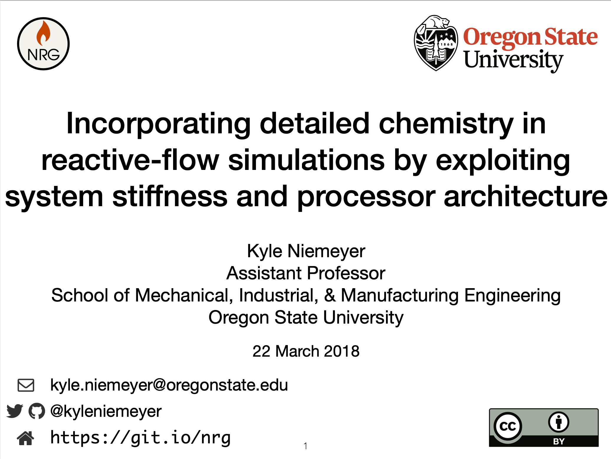 Title slide, that says 'Incorporating detailed chemistry in reactive-flow simulations by exploiting system stiffness and processor architecture'.