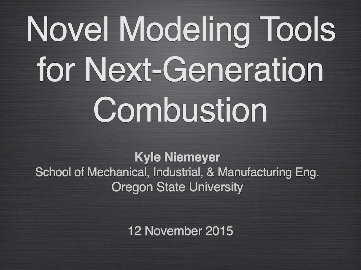 Title slide that says 'Novel computational modeling tools for next-generation combustion'.