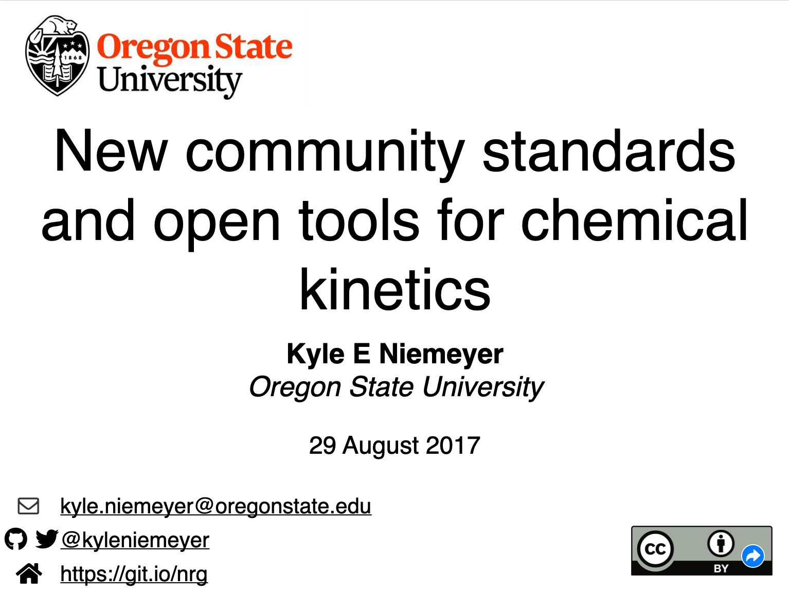 Title slide, that says 'New community standards and open tools for chemical kinetics'.