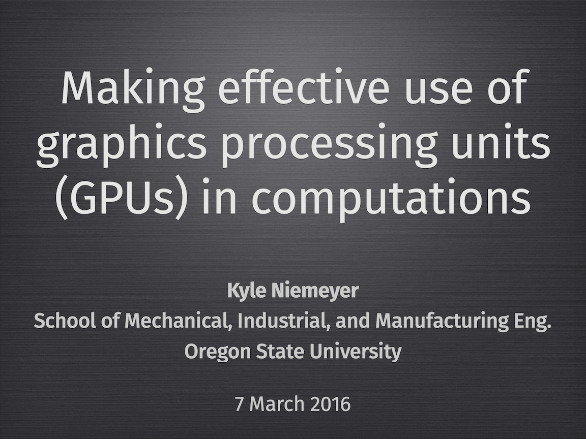 Title slide that says 'Making effective use of graphics processing units (GPUs) in computations'.