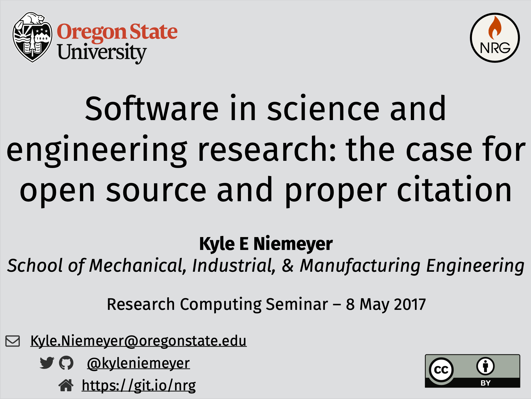 Title slide that says 'Software in science and engineering research: the case for open source and proper citation'.
