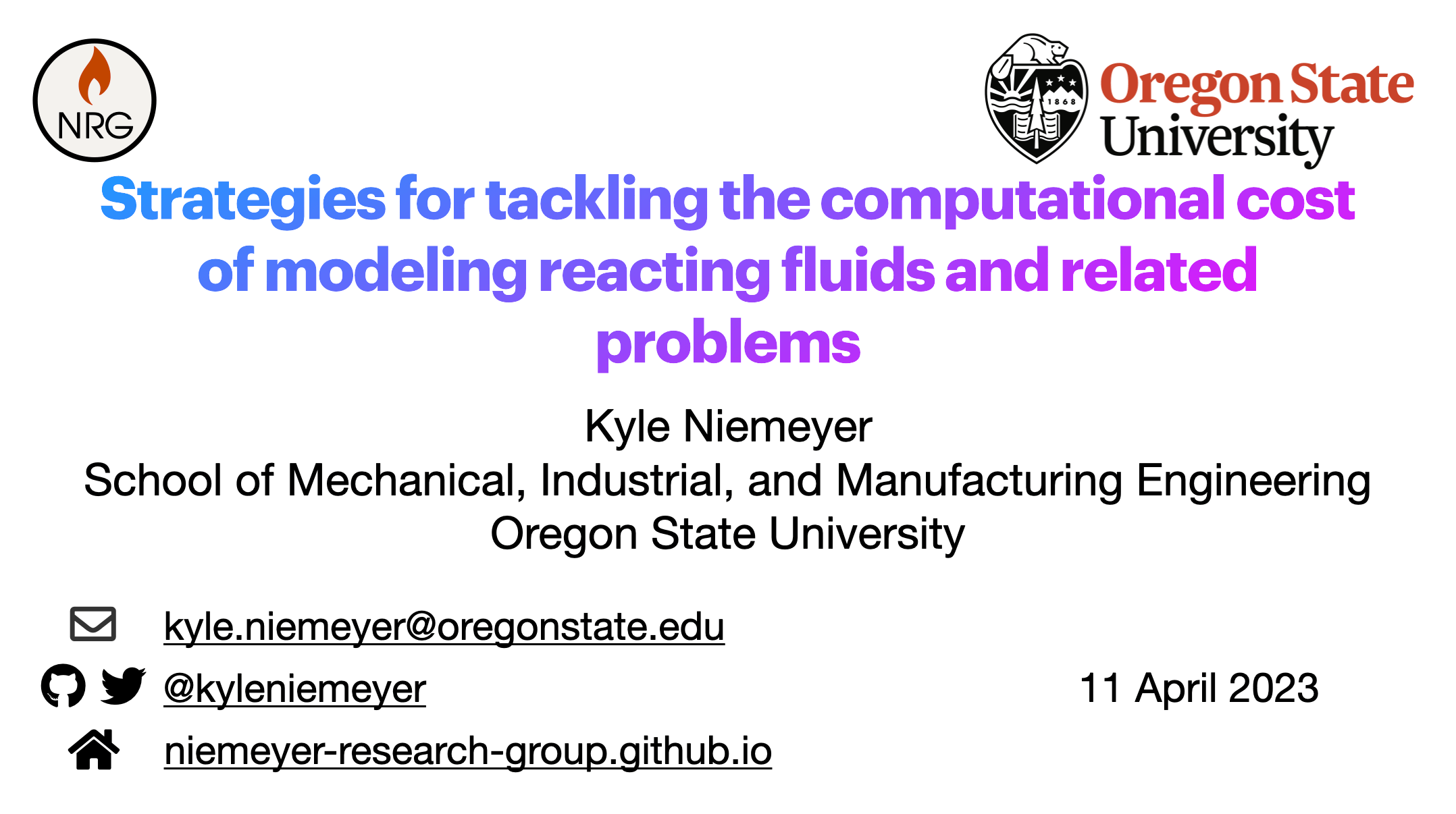 Title slide of the talk, which says 'Strategies for tackling the computational cost of modeling reacting fluids and related problems'.