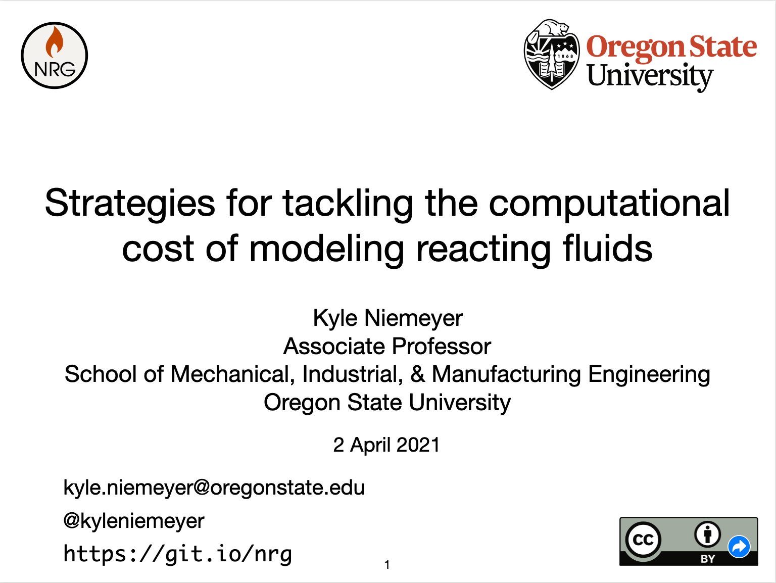 The title slide, which says 'Strategies for tackling the computational cost of modeling reacting fluids'.