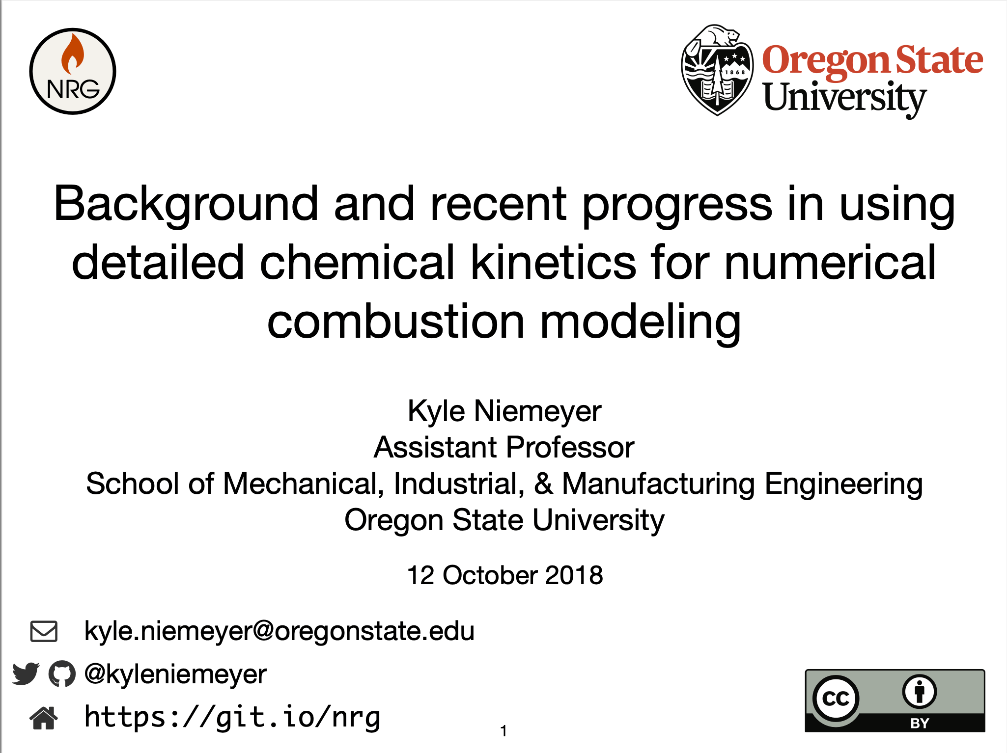 Title slide, that says `Background and recent progress in using detailed chemical kinetics for numerical combustion modeling`.