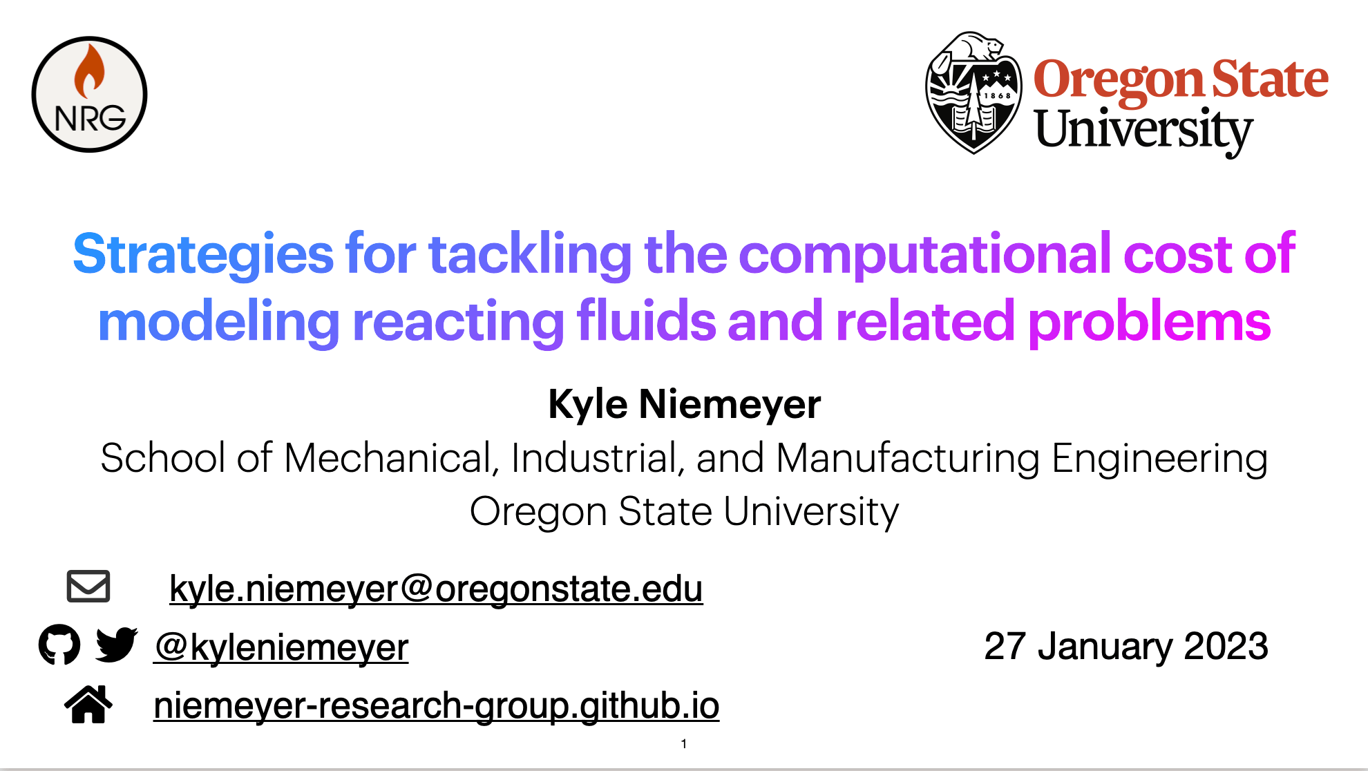 Title slide of the talk, which says 'Strategies for tackling the computational cost of modeling reacting fluids and related problems'.