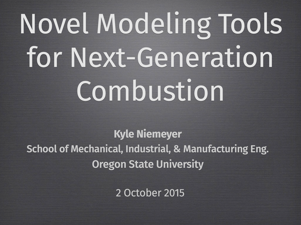 Title slide that says 'Novel computational modeling tools for next-generation combustion'.